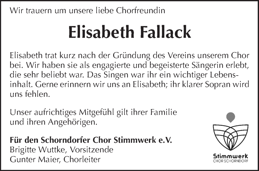  Traueranzeige für Elisabeth Fallack vom 15.06.2024 aus Waiblinger Kreiszeitung