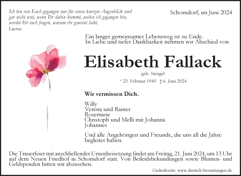  Traueranzeige für Elisabeth Fallack vom 14.06.2024 aus Waiblinger Kreiszeitung