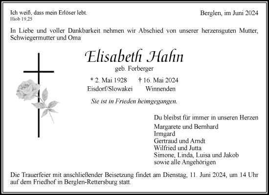 Traueranzeige von Elisabeth Hahn von Waiblinger Kreiszeitung