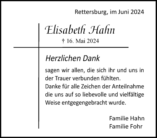 Traueranzeige von Elisabeth Hahn von Waiblinger Kreiszeitung