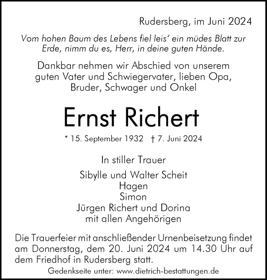 Traueranzeige von Ernst Richert von Waiblinger Kreiszeitung