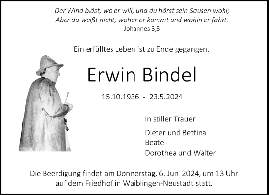 Traueranzeige von Erwin Bindel von Waiblinger Kreiszeitung