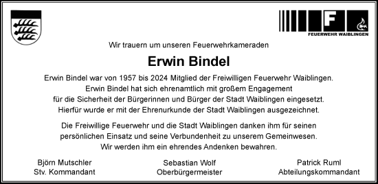 Traueranzeige von Erwin Bindel von Waiblinger Kreiszeitung