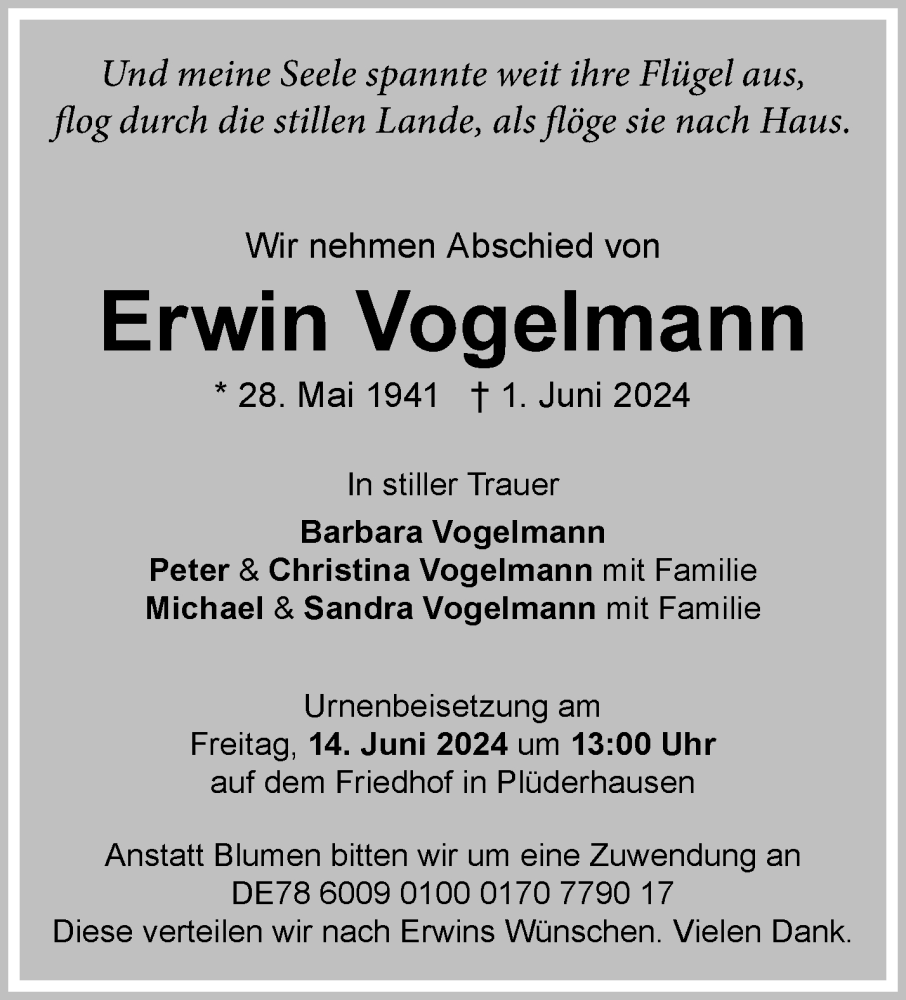  Traueranzeige für Erwin Vogelmann vom 10.06.2024 aus Waiblinger Kreiszeitung