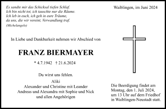 Traueranzeige von Franz Biermayer von Waiblinger Kreiszeitung