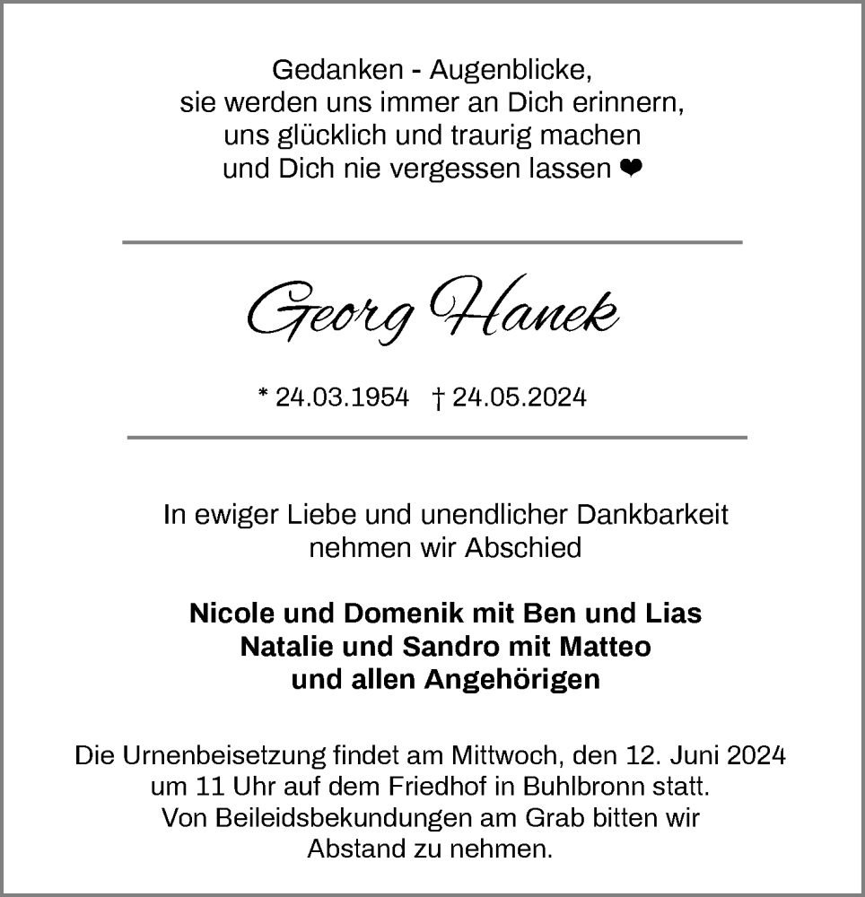  Traueranzeige für Georg Hanek vom 04.06.2024 aus Waiblinger Kreiszeitung