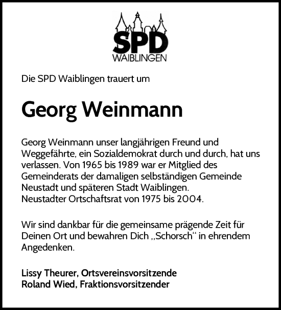 Traueranzeige von Georg Weinmann von Waiblinger Kreiszeitung