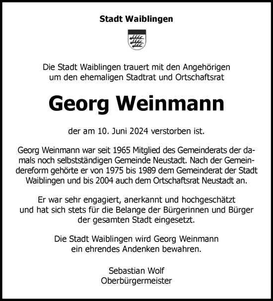 Traueranzeige von Georg Weinmann von Waiblinger Kreiszeitung