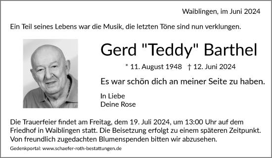 Traueranzeige von Gerd  Barthel von Waiblinger Kreiszeitung