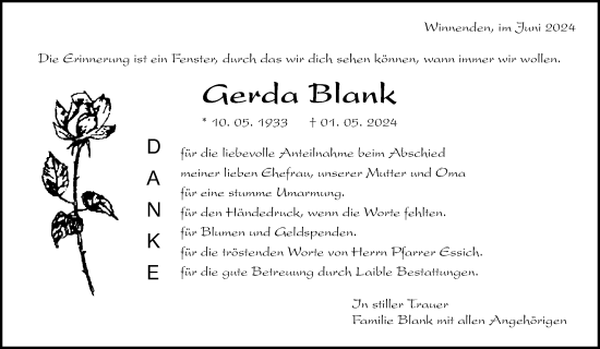 Traueranzeige von Gerda Blank von Waiblinger Kreiszeitung