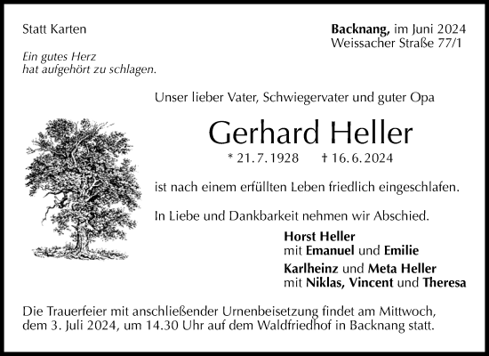 Traueranzeige von Gerhard Heller von Waiblinger Kreiszeitung