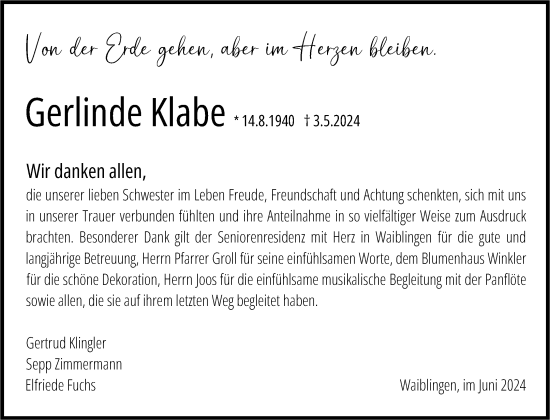 Traueranzeige von Gerlinde Klabe von Waiblinger Kreiszeitung