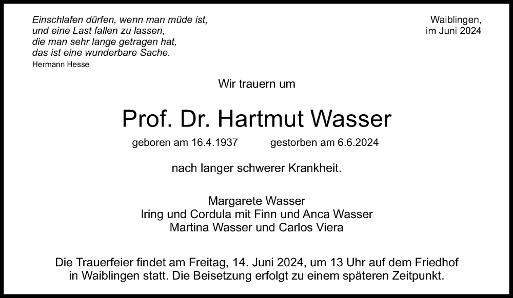  Traueranzeige für Hartmut Wasser vom 08.06.2024 aus Waiblinger Kreiszeitung
