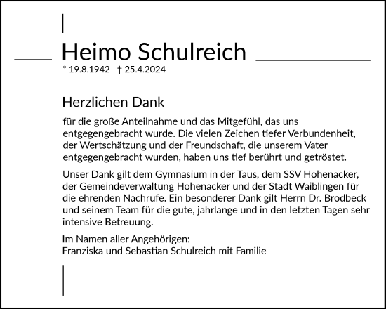 Traueranzeige von Heimo Schulreich von Waiblinger Kreiszeitung