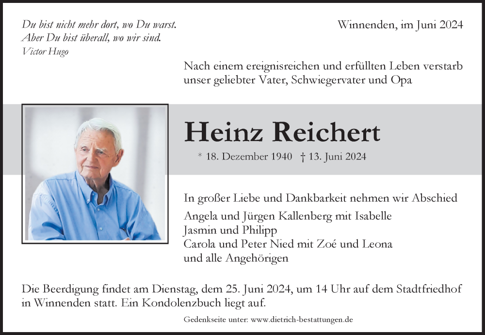  Traueranzeige für Heinz Reichert vom 20.06.2024 aus Waiblinger Kreiszeitung