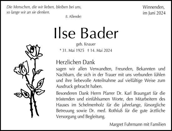 Traueranzeige von Ilse Bader von Waiblinger Kreiszeitung