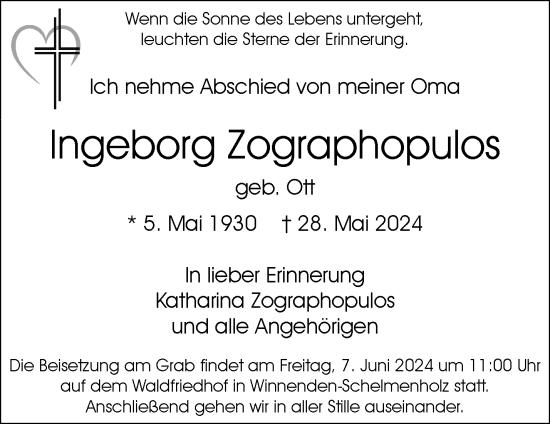 Traueranzeige von Ingeborg Zographopulos von Waiblinger Kreiszeitung