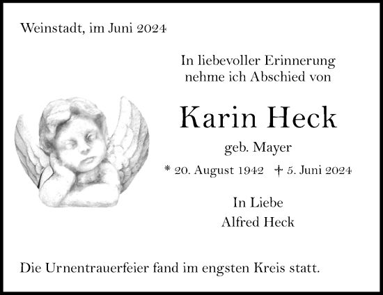 Traueranzeige von Karin Heck von Waiblinger Kreiszeitung