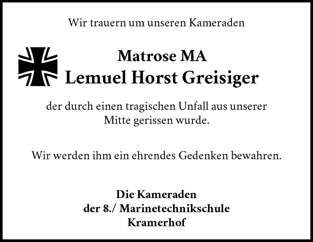  Traueranzeige für Lemuel Horst Greisiger vom 14.06.2024 aus Waiblinger Kreiszeitung