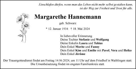 Traueranzeige von Margarethe Hannemann von Waiblinger Kreiszeitung