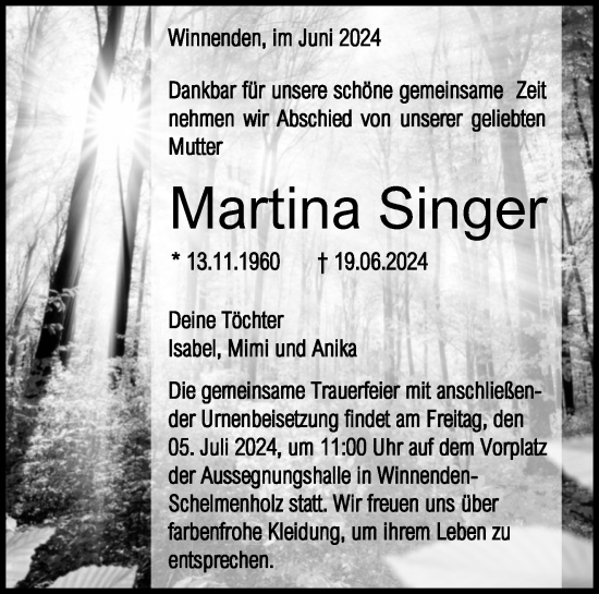 Traueranzeige von Martina Singer von Waiblinger Kreiszeitung