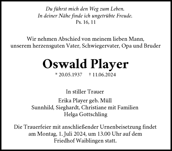 Traueranzeige von Oswald Player von Waiblinger Kreiszeitung