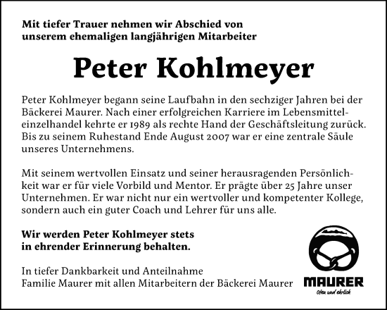 Traueranzeige von Peter Kohlmeyer von Waiblinger Kreiszeitung