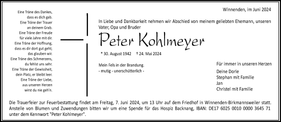 Traueranzeige von Peter Kohlmeyer von Waiblinger Kreiszeitung