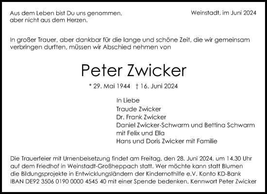 Traueranzeige von Peter Zwicker von Waiblinger Kreiszeitung