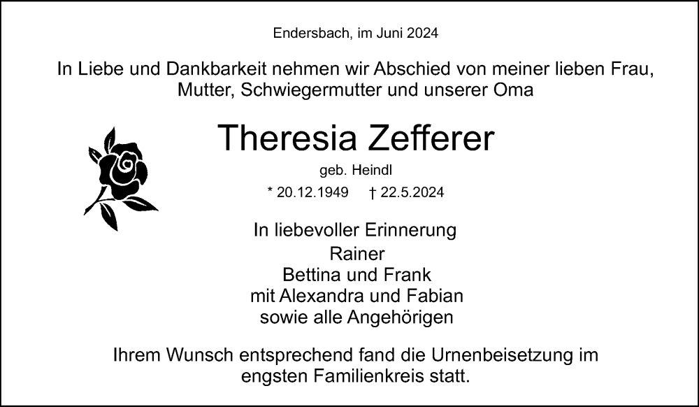  Traueranzeige für Theresia Zefferer vom 04.06.2024 aus Waiblinger Kreiszeitung