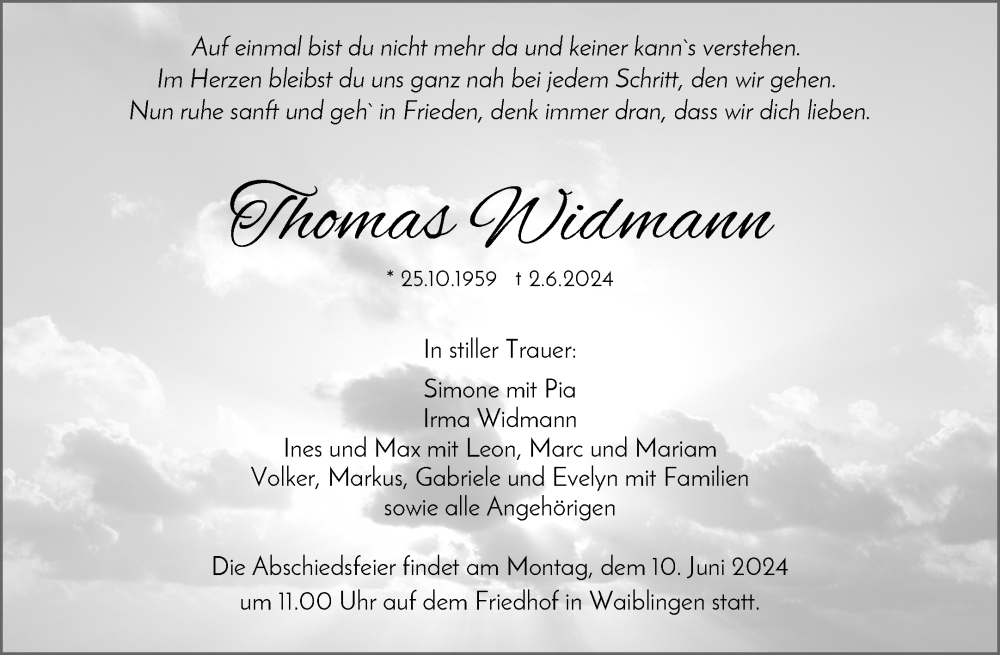 Traueranzeige für Thomas Widmann vom 05.06.2024 aus Waiblinger Kreiszeitung