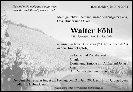 Traueranzeige von Walter Föhl von Waiblinger Kreiszeitung
