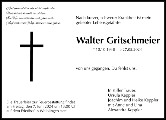 Traueranzeige von Walter Gritschmeier von Waiblinger Kreiszeitung