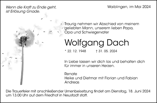 Traueranzeige von Wolfgang Dach von Waiblinger Kreiszeitung