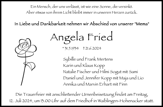 Traueranzeige von Angela Fried von Waiblinger Kreiszeitung