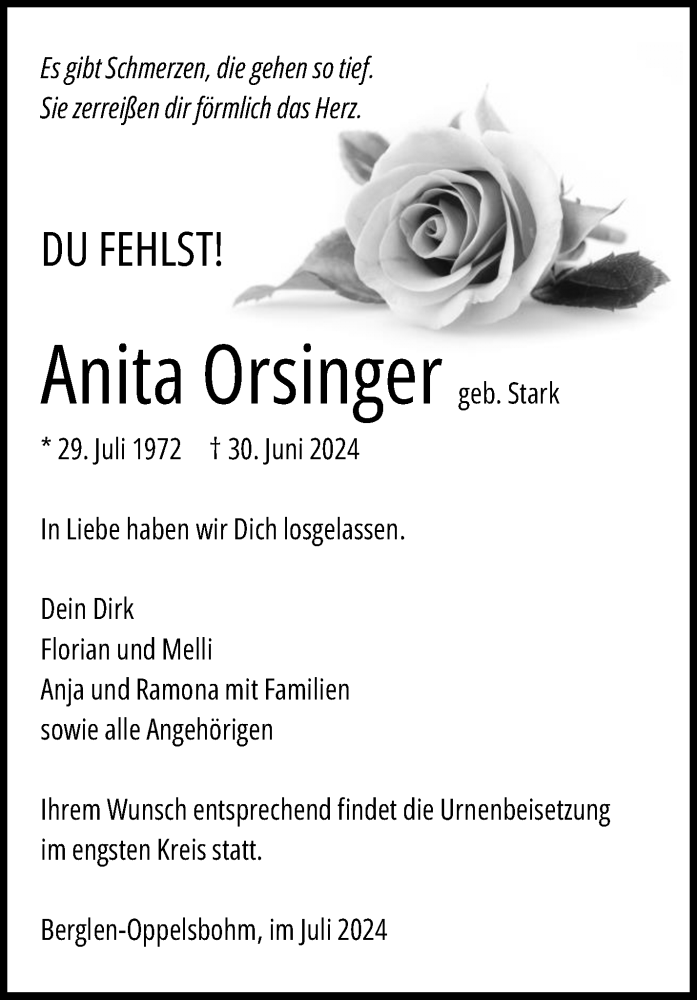  Traueranzeige für Anita Orsinger vom 06.07.2024 aus Waiblinger Kreiszeitung