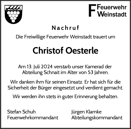 Traueranzeige von Christof Oesterle von Waiblinger Kreiszeitung