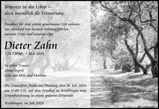 Traueranzeige von Dieter Zahn von Waiblinger Kreiszeitung