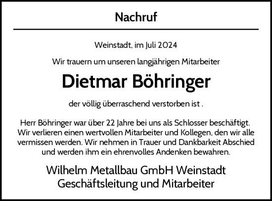 Traueranzeige von Dietmar Böhringer von Waiblinger Kreiszeitung