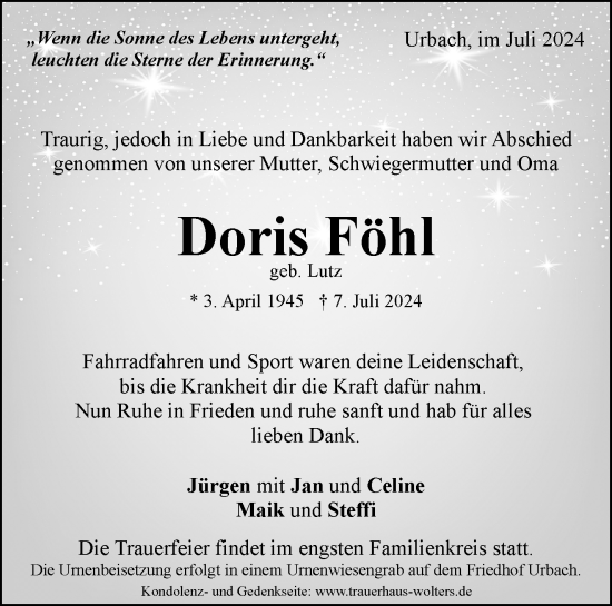 Traueranzeige von Doris Föhl von Waiblinger Kreiszeitung
