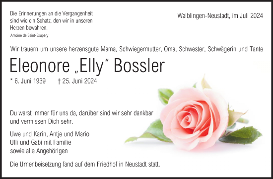 Traueranzeige von Eleonore Bossler von Waiblinger Kreiszeitung