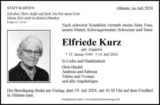 Traueranzeige von Elfriede Kurz von Waiblinger Kreiszeitung