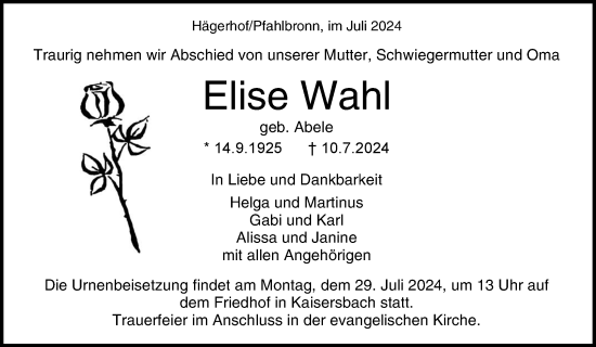 Traueranzeige von Elise Wahl von Waiblinger Kreiszeitung