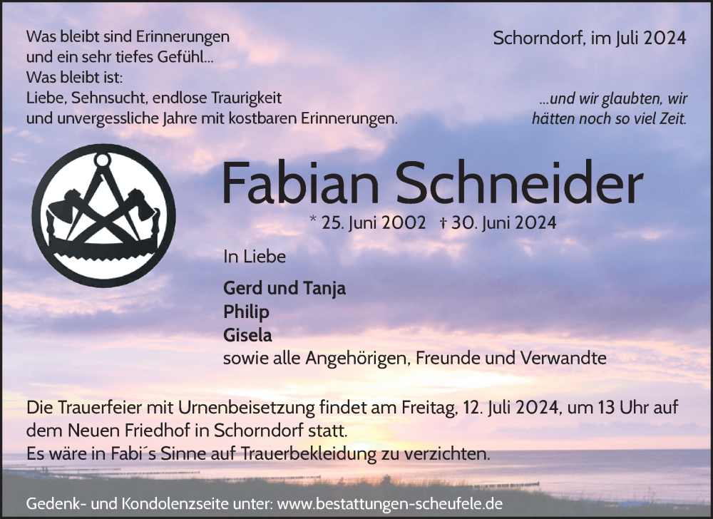  Traueranzeige für Fabian Schneider vom 06.07.2024 aus Waiblinger Kreiszeitung