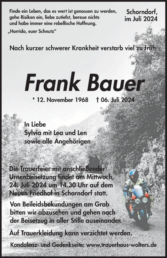  Traueranzeige für Frank Bauer vom 13.07.2024 aus Waiblinger Kreiszeitung