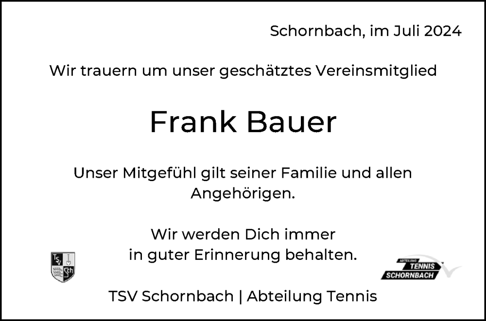  Traueranzeige für Frank Bauer vom 13.07.2024 aus Waiblinger Kreiszeitung