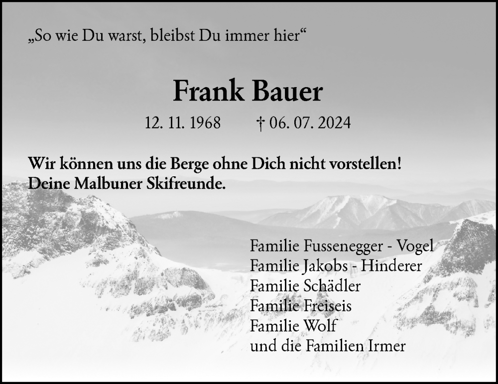  Traueranzeige für Frank Bauer vom 13.07.2024 aus Waiblinger Kreiszeitung