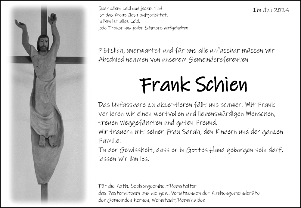  Traueranzeige für Frank Schien vom 31.07.2024 aus Waiblinger Kreiszeitung