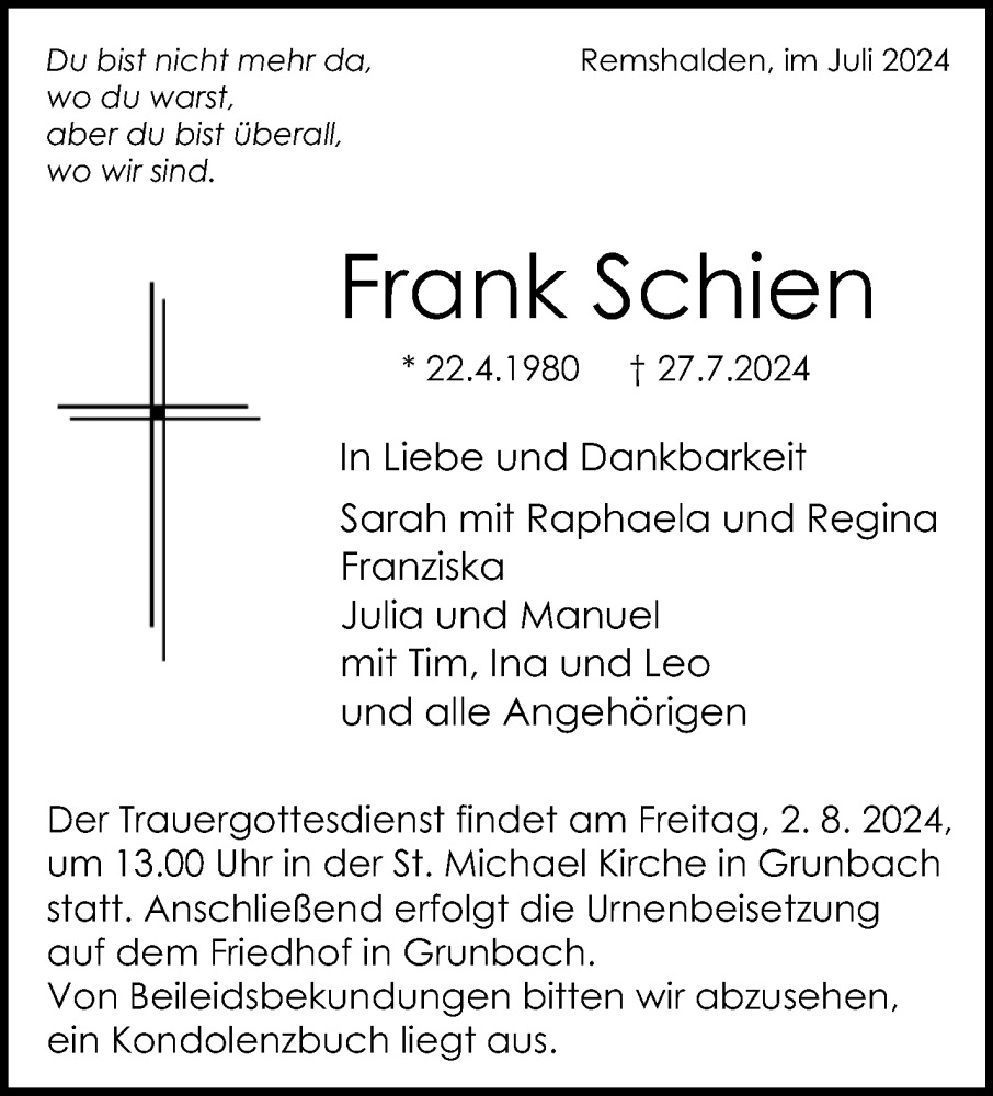  Traueranzeige für Frank Schien vom 31.07.2024 aus Waiblinger Kreiszeitung