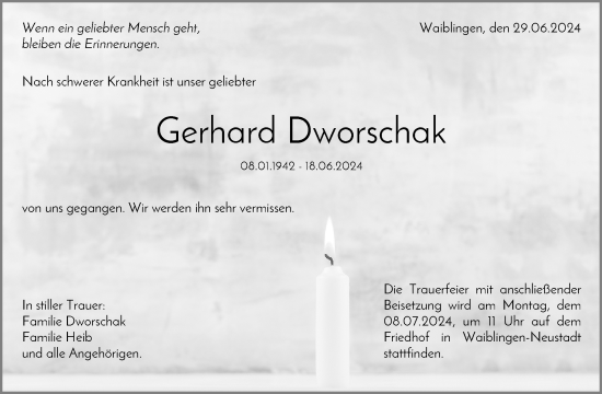 Traueranzeige von Gerhard Dworschak von Waiblinger Kreiszeitung